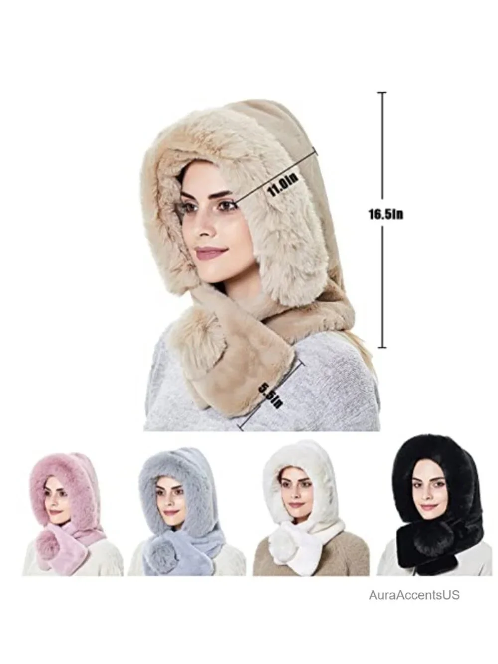 Fleece Hooded Scarf Winter Balaclava Neck Warmer Adjustable Pompom